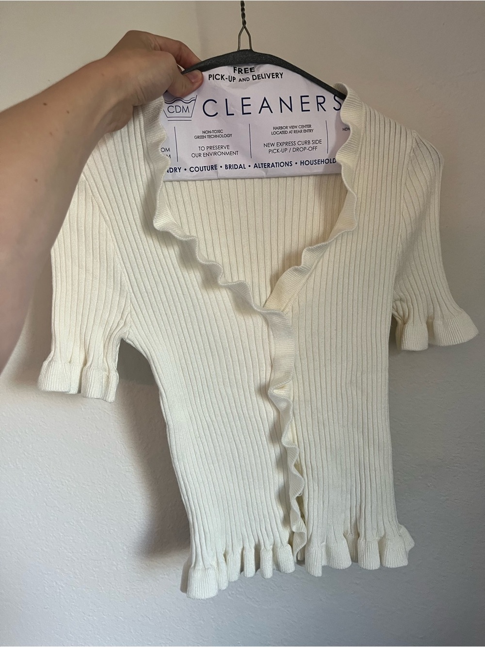 ASTR the Label Cream Ruffle-Trim Ribbed Short-Sleeve Sweater Size XS